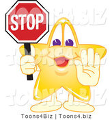 Vector Illustration of a Yellow Cartoon Star Mascot Holdin a Stop Sign by Mascot Junction