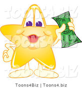Vector Illustration of a Yellow Cartoon Star Mascot Holding Cash by Toons4Biz
