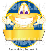 Vector Illustration of a Yellow Cartoon Star Mascot Logo over a Blue Oval and Blank Gold Banner by Toons4Biz