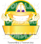 Vector Illustration of a Yellow Cartoon Star Mascot Logo over a Green Oval and Blank Gold Banner by Toons4Biz