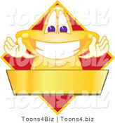 Vector Illustration of a Yellow Cartoon Star Mascot Logo over a Red Diamond and Blank Gold Banner by Mascot Junction