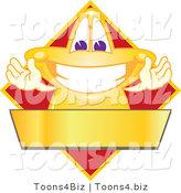 Vector Illustration of a Yellow Cartoon Star Mascot Logo over a Red Diamond and Blank Gold Banner by Toons4Biz