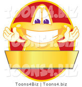 Vector Illustration of a Yellow Cartoon Star Mascot Logo over a Red Oval and Blank Gold Banner by Toons4Biz