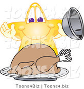 Vector Illustration of a Yellow Cartoon Star Mascot Serving a Thanksgiving Turkey by Mascot Junction