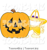 Vector Illustration of a Yellow Cartoon Star Mascot Standing by a Halloween Pumpkin by Mascot Junction