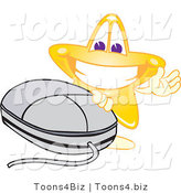 Vector Illustration of a Yellow Cartoon Star Mascot Waving by a Computer Mouse by Toons4Biz