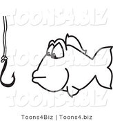 Vector Illustration of an Outlined Cartoon Fish Looking at an Unbaited Hook by Mascot Junction