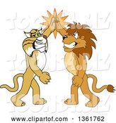 Vector Illustration of Cartoon Lion and Bobcat Mascots High Fiving, Symbolizing Sportsmanship by Mascot Junction