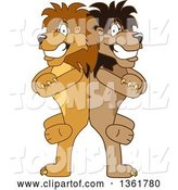 Vector Illustration of Cartoon Lion Mascot Standing Back to Back and Leaning on Each Other, Symbolizing Loyalty by Mascot Junction