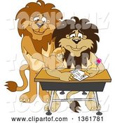 Vector Illustration of Cartoon Lion Mascot Tutoring a Worried Student, Symbolizing Compassion by Toons4Biz