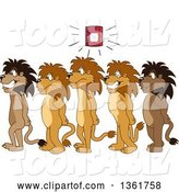 Vector Illustration of Cartoon Lion Mascots in Line During a Fire Drill in a Hallway, Symbolizing Safety by Mascot Junction