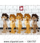 Vector Illustration of Cartoon Lion Mascots in Line During a Fire Drill, Symbolizing Safety by Mascot Junction