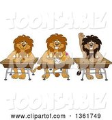 Vector Illustration of Cartoon Lion Mascots Sitting at Desks, One Raising His Hand, Symbolizing Respect by Mascot Junction