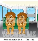 Vector Illustration of Cartoon Lion Mascots Sitting on a Bus Bench, Symbolizing Safety by Toons4Biz