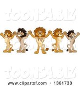 Vector Illustration of Cartoon Team of Lion Mascots Cheering and Holding up Hands, Symbolizing Leadership by Mascot Junction