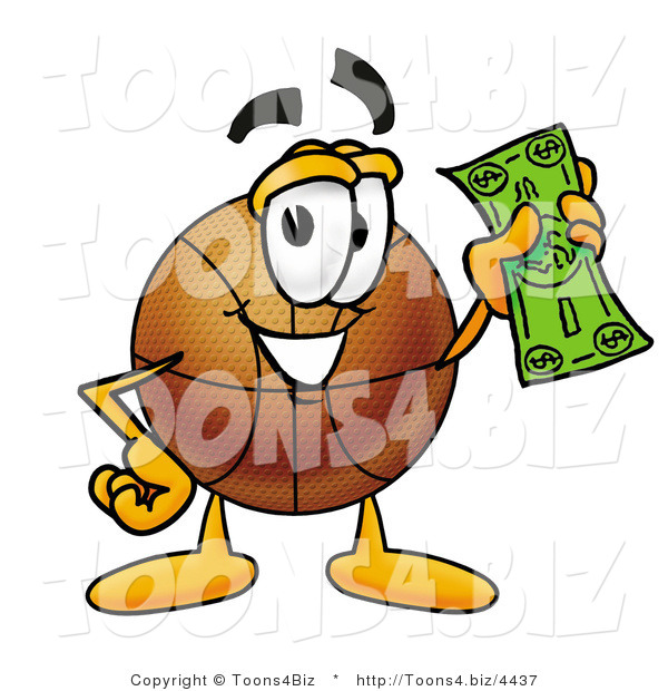 Illustration of a Basketball Mascot Holding a Dollar Bill