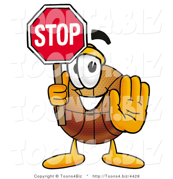 Illustration of a Basketball Mascot Holding a Stop Sign