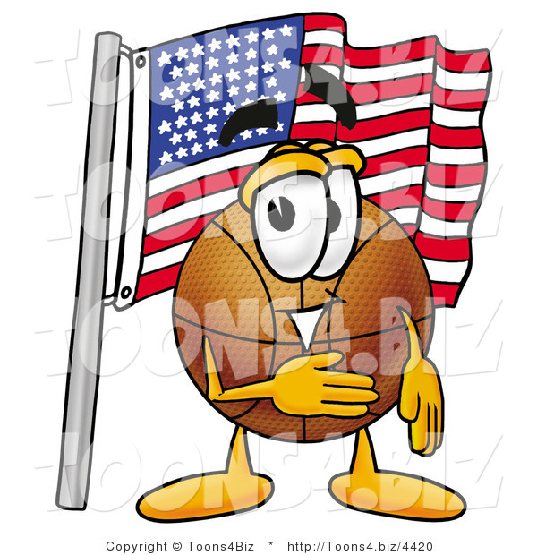 Illustration of a Basketball Mascot Pledging Allegiance to an American Flag