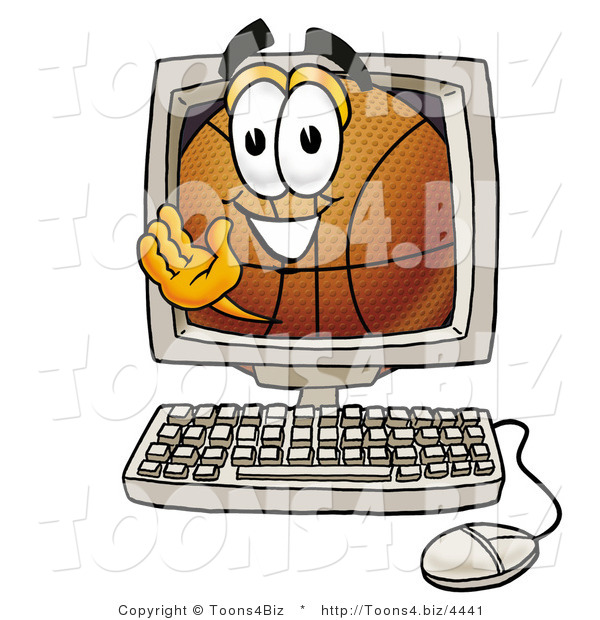 Illustration of a Basketball Mascot Waving from Inside a Computer Screen