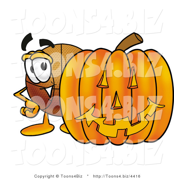 Illustration of a Basketball Mascot with a Carved Halloween Pumpkin