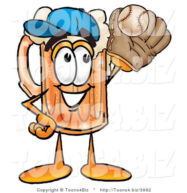 Illustration of a Beer Mug Mascot Catching a Baseball with a Glove