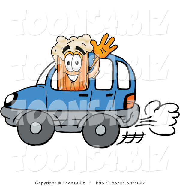 Illustration of a Beer Mug Mascot Driving a Blue Car and Waving