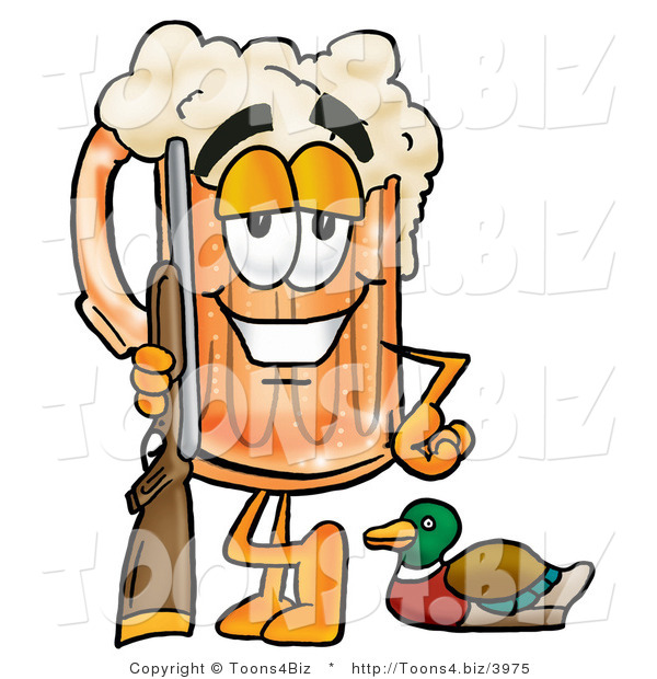 Illustration of a Beer Mug Mascot Duck Hunting, Standing with a Rifle and Duck