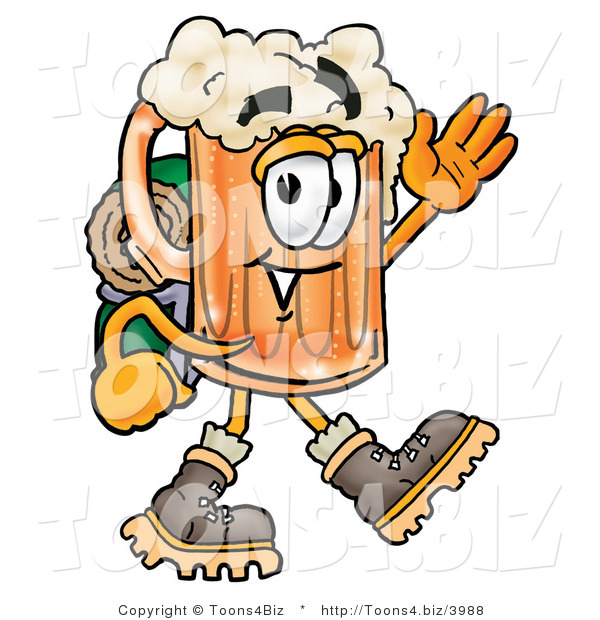 Illustration of a Beer Mug Mascot Hiking and Carrying a Backpack