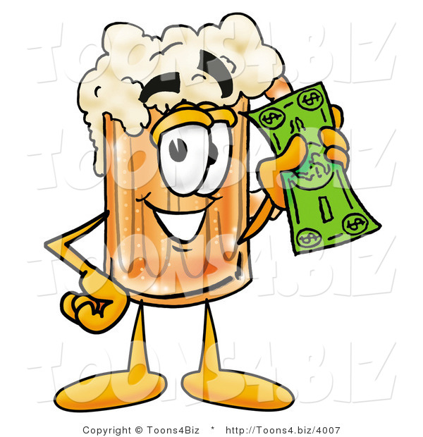 Illustration of a Beer Mug Mascot Holding a Dollar Bill