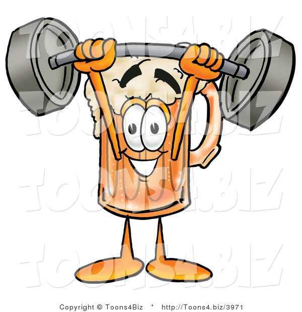 Illustration of a Beer Mug Mascot Holding a Heavy Barbell Above His Head
