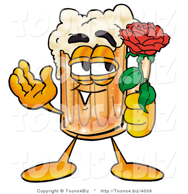 Illustration of a Beer Mug Mascot Holding a Red Rose on Valentines Day