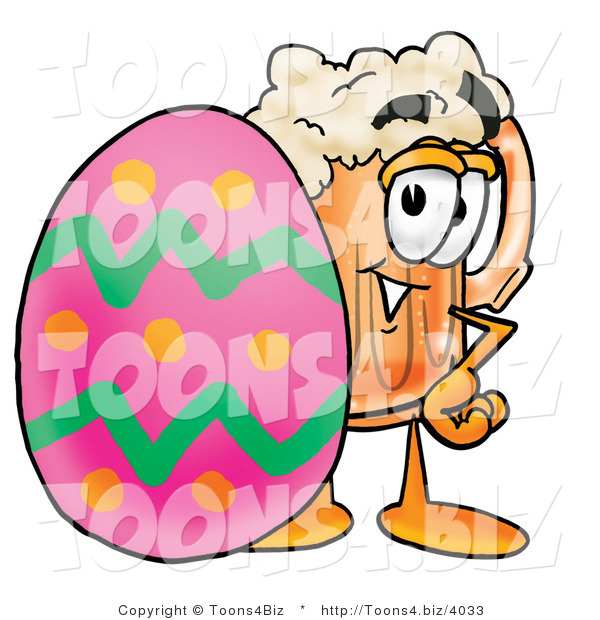 Illustration of a Beer Mug Mascot in an Easter Basket Full of Decorated Easter Eggs