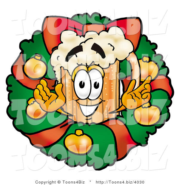 Illustration of a Beer Mug Mascot in the Center of a Christmas Wreath