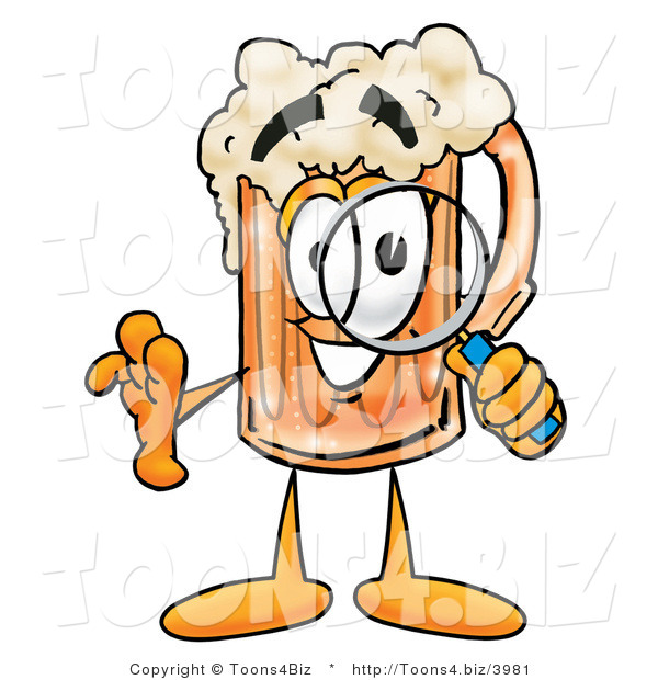 Illustration of a Beer Mug Mascot Looking Through a Magnifying Glass