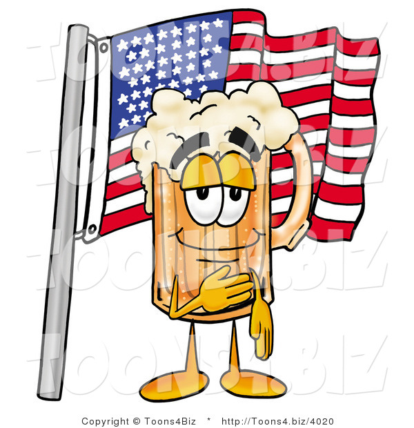 Illustration of a Beer Mug Mascot Pledging Allegiance to an American Flag