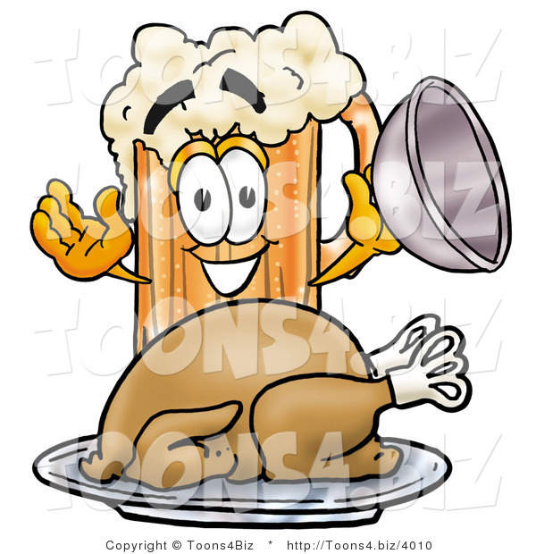 Illustration of a Beer Mug Mascot Serving a Thanksgiving Turkey on a Platter