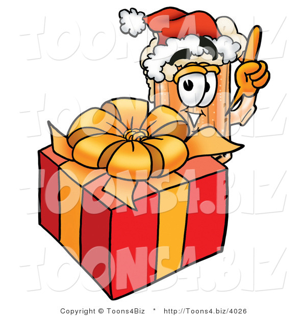 Illustration of a Beer Mug Mascot Standing by a Christmas Present