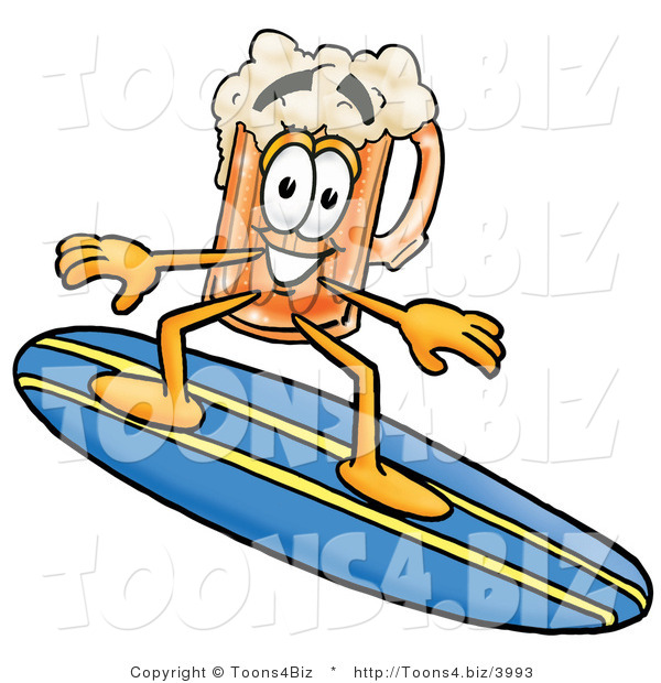 Illustration of a Beer Mug Mascot Surfing on a Blue and Yellow Surfboard