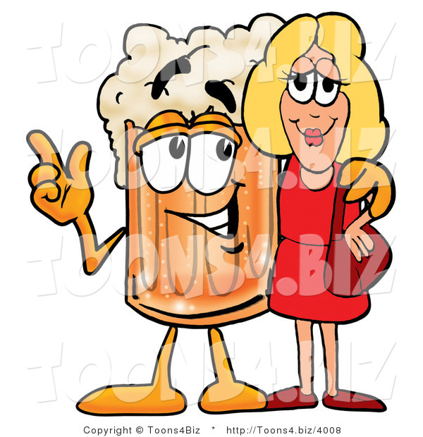 Illustration of a Beer Mug Mascot Talking to a Pretty Blond Woman