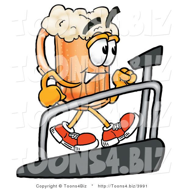 Illustration of a Beer Mug Mascot Walking on a Treadmill in a Fitness Gym