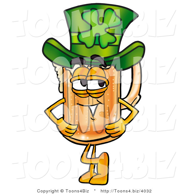 Illustration of a Beer Mug Mascot Wearing a Saint Patricks Day Hat with a Clover on It