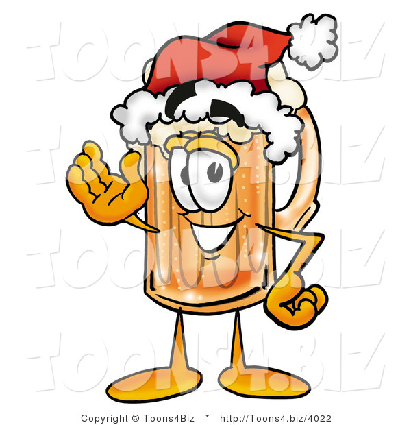 Illustration of a Beer Mug Mascot Wearing a Santa Hat and Waving