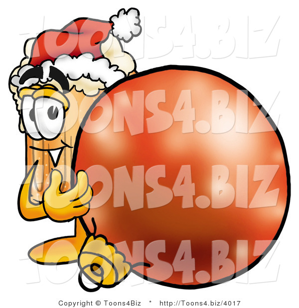 Illustration of a Beer Mug Mascot Wearing a Santa Hat, Standing with a Christmas Bauble