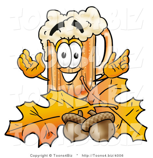 Illustration of a Beer Mug Mascot with Autumn Leaves and Acorns in the Fall