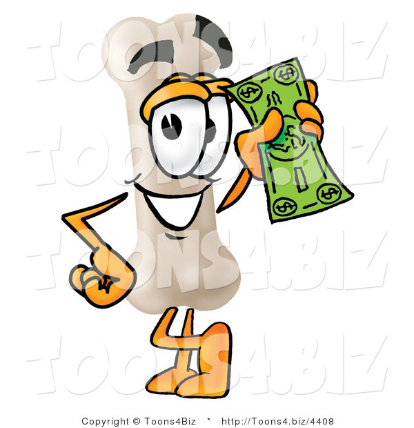Illustration of a Bone Mascot Holding a Dollar Bill