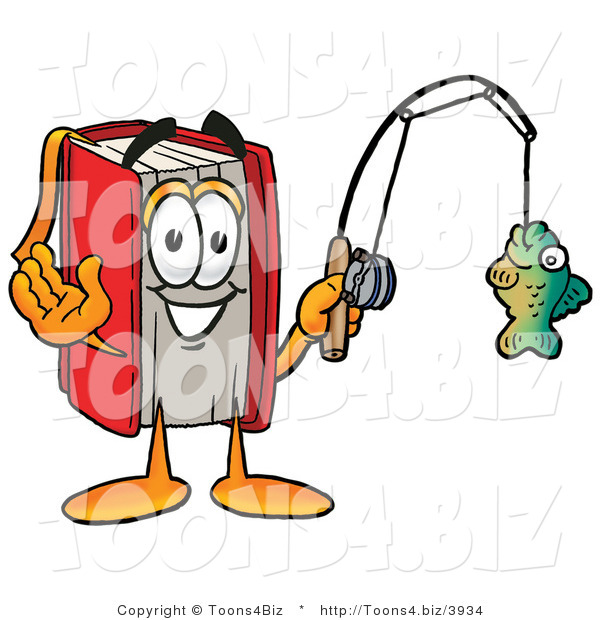 Illustration of a Book Mascot Holding a Fish on a Fishing Pole