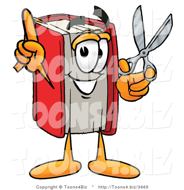 Illustration of a Book Mascot Holding a Pair of Scissors
