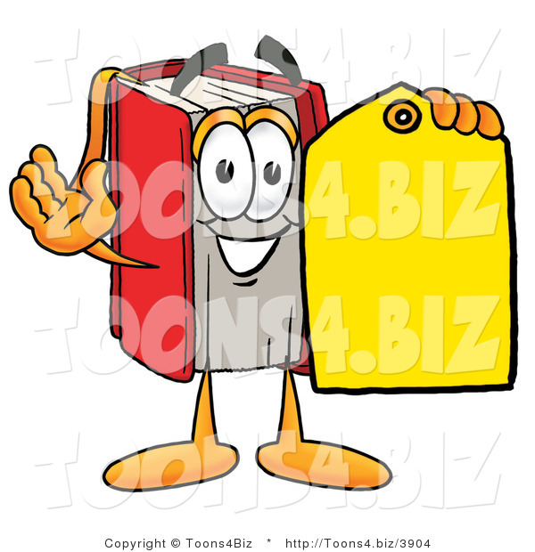 Illustration of a Book Mascot Holding a Yellow Sales Price Tag