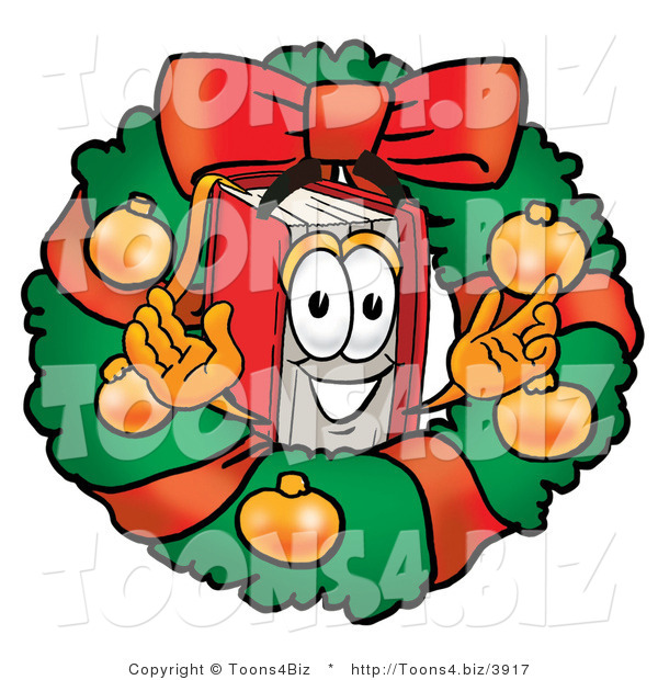 Illustration of a Book Mascot in the Center of a Christmas Wreath