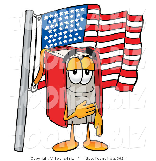 Illustration of a Book Mascot Pledging Allegiance to an American Flag